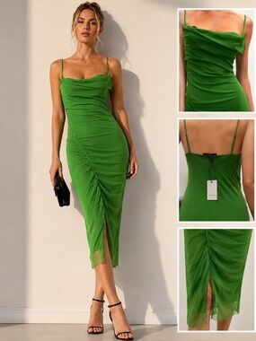 AllSaints Green Mesh Ruched Bodycon Slip Dress Size 2
